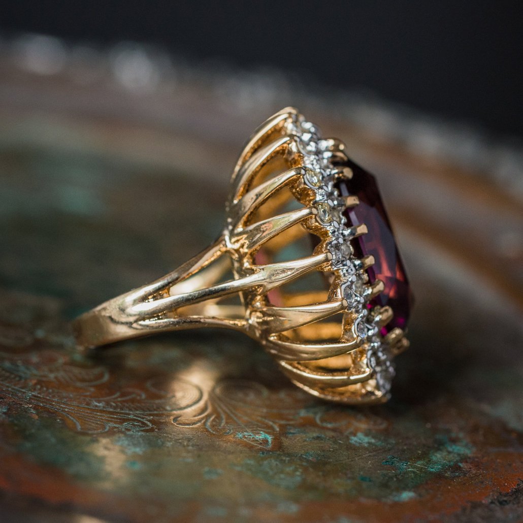 Vintage Amethyst and Clear Austrian Crystal Cocktail Ring 18k Yellow Gold Electroplated Made in USA