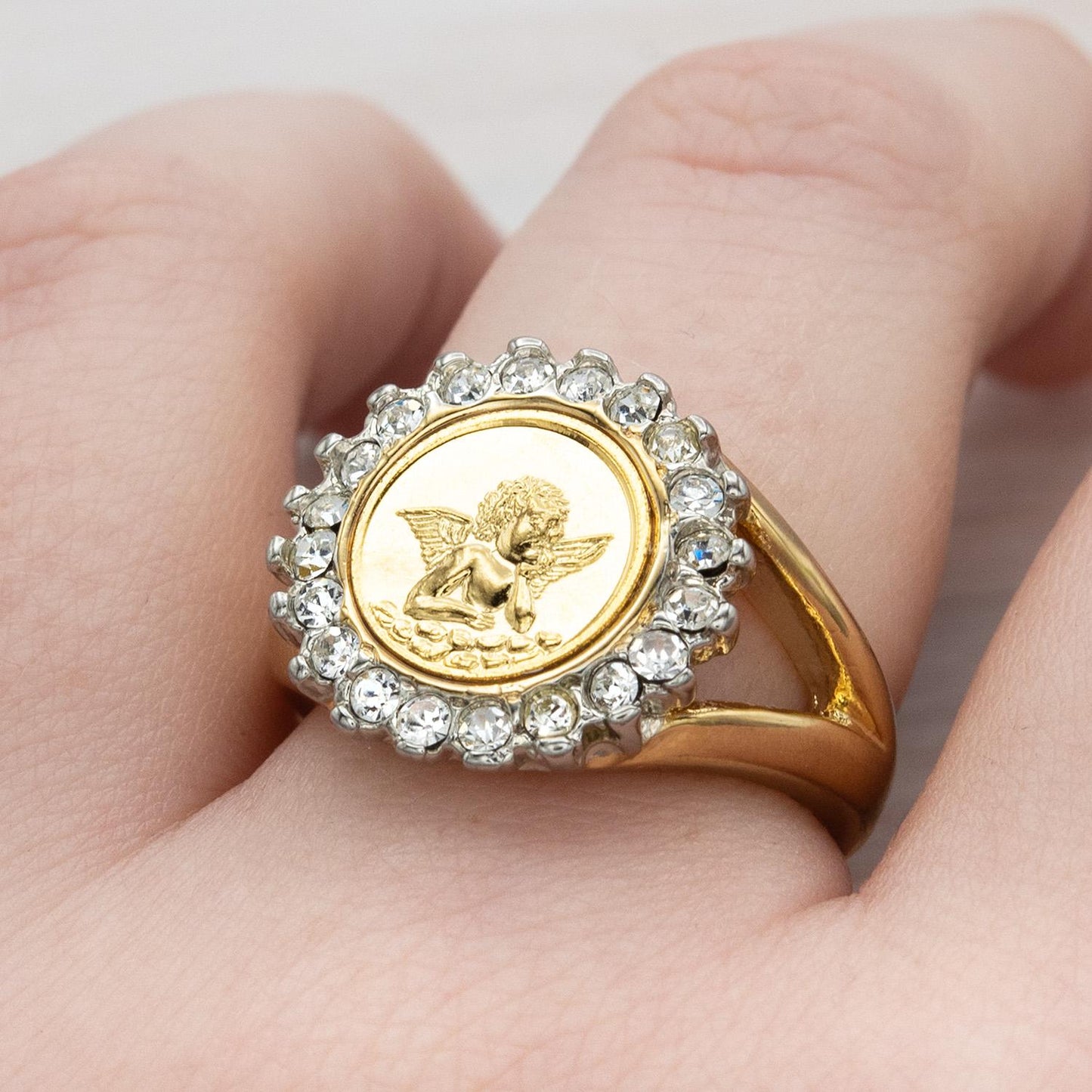 Vintage 18k Gold Electroplated Cherub Angel Coin and Crystal Womens Girls Ring