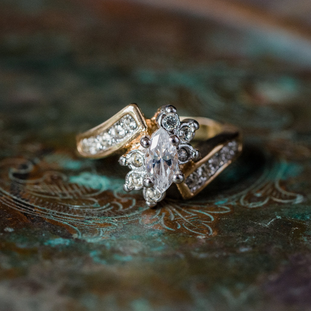 Vintage 1980s Ring Clear Cubic Zirconia with Clear Austrian Crystals 18k Yellow Gold Electroplated