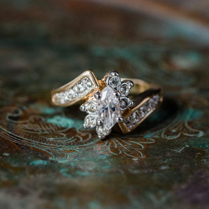 Vintage 1980s Ring Clear Cubic Zirconia with Clear Austrian Crystals 18k Yellow Gold Electroplated
