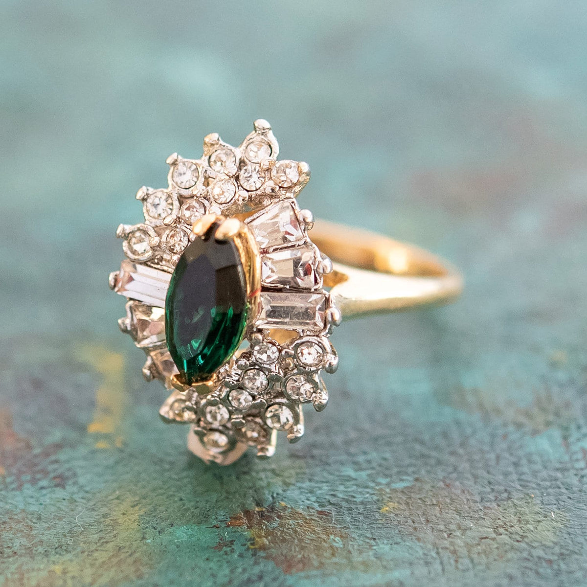 Women's Vintage 1970s Ring Emerald and Clear Austrian Crystals 18k Yellow Gold Electroplate Made in USA