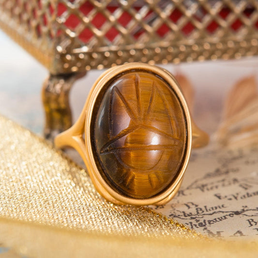 Vintage 1970s Scarab Beetle Genuine Tiger Eye Stone Yellow Gold Electroplated Ring Made in USA Women's Gold Ring