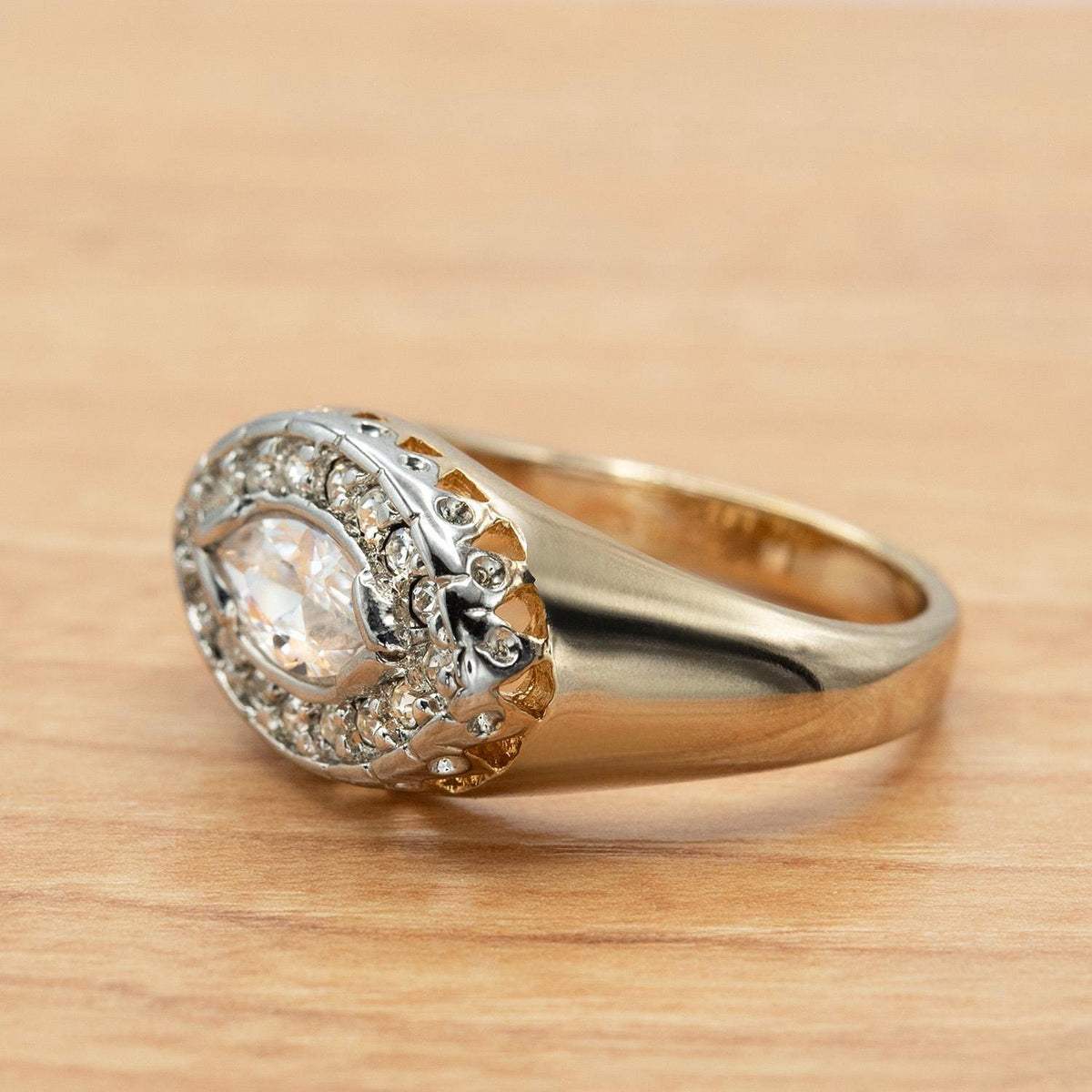 Vintage Ring 18k Yellow Gold Electroplated Edwardian Style Marquise Cubic Zirconia Ring