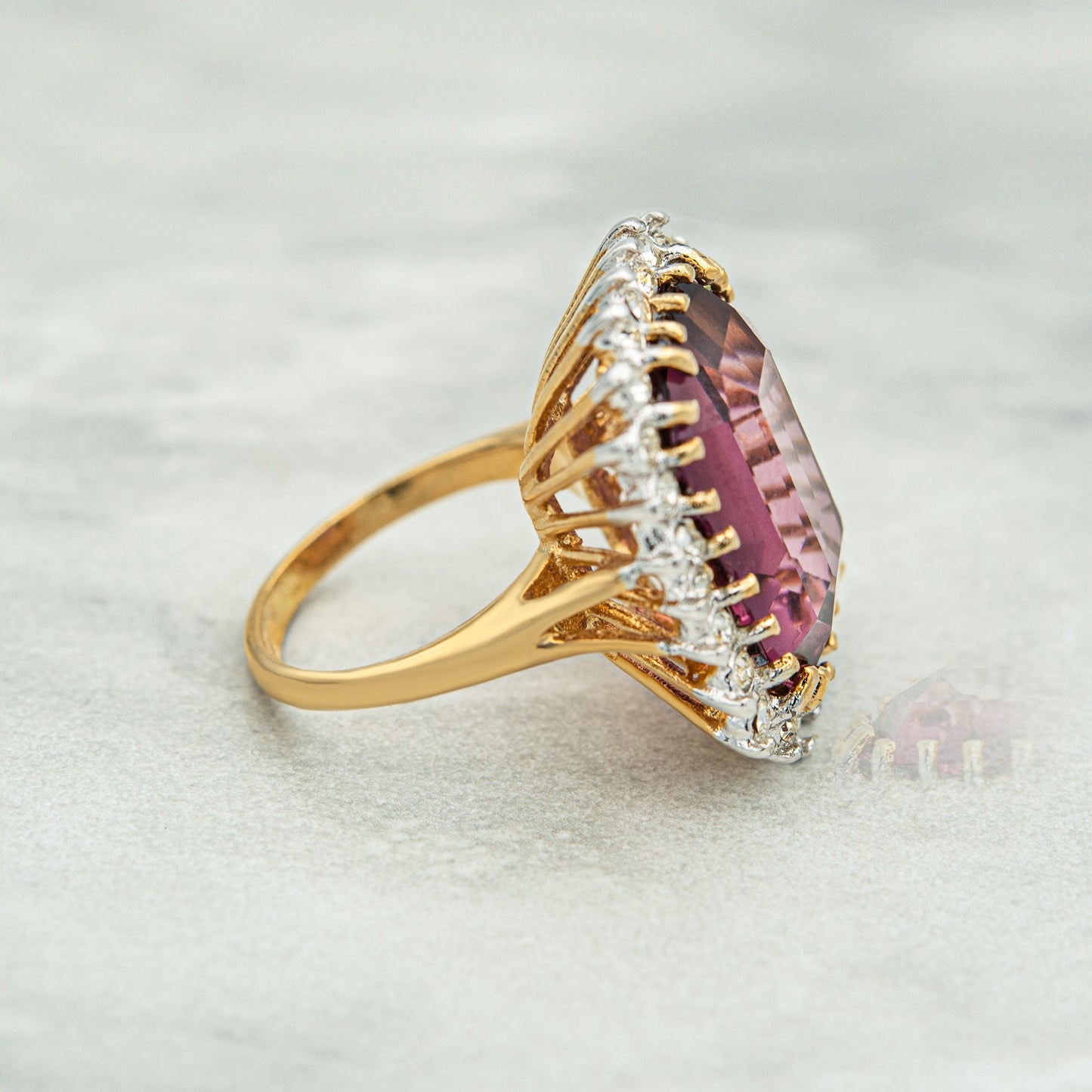 Vintage Ring Amethyst and Clear Austrian Crystal Cocktail Ring 18k Gold #R1843 - Never Worn Statement Cocktail Womans Antique Rings