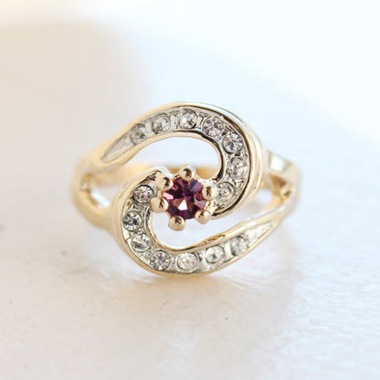 Vintage Amethyst Cubic Zirconia 18k Yellow Gold Plated Ring with Clear Austrian Crystals