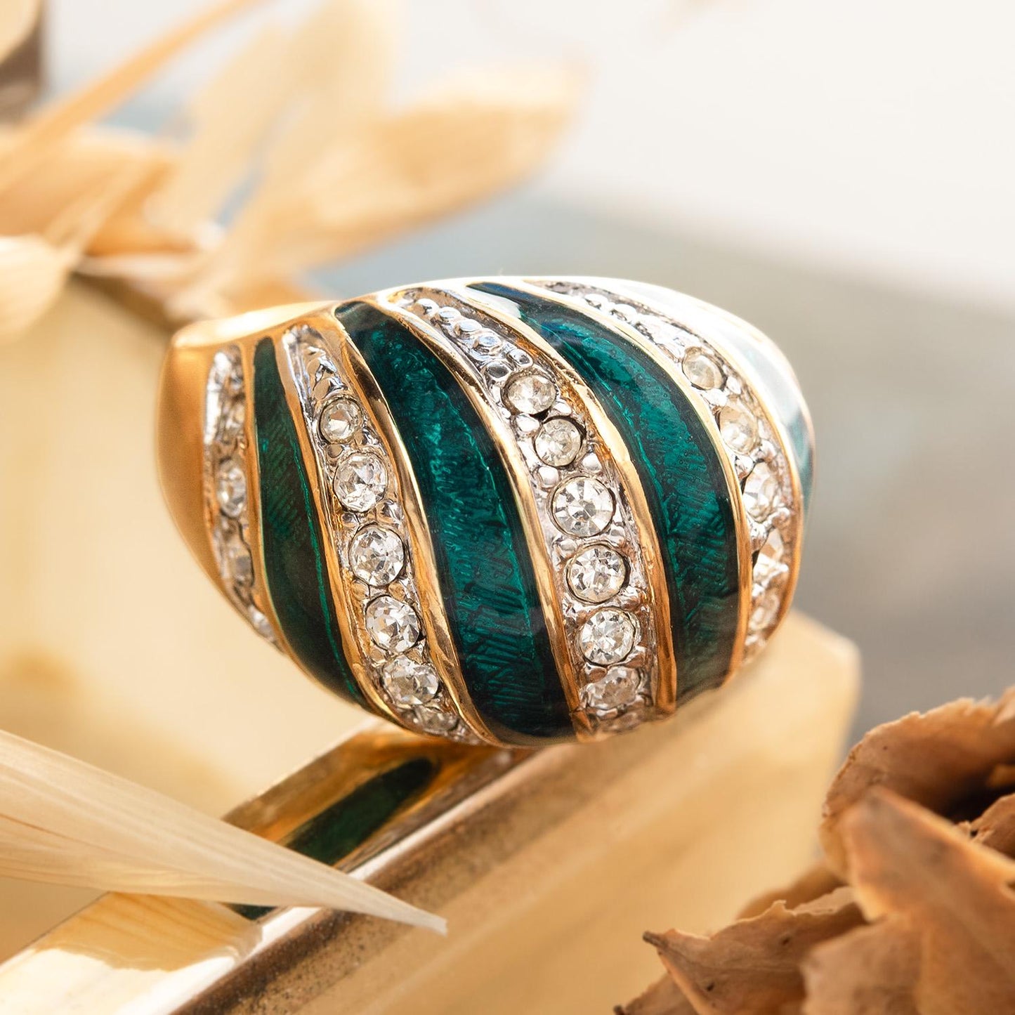 Vintage Hand Painted Emerald Green & Crystal Ring 18k Gold Electroplated Womens Dome Ring Statement Rings