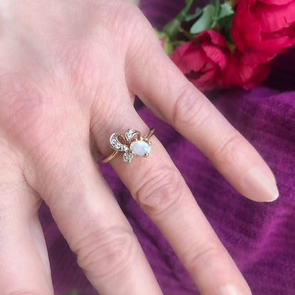 Vintage Genuine Jelly Opal and Clear Austrian Crystal Ring 18k Yellow Gold Electroplated Made in the USA