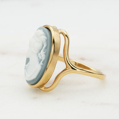Womens Vintage White Silhouette on Light Blue Cameo Bead Ring 18kt Yellow Gold Electroplated