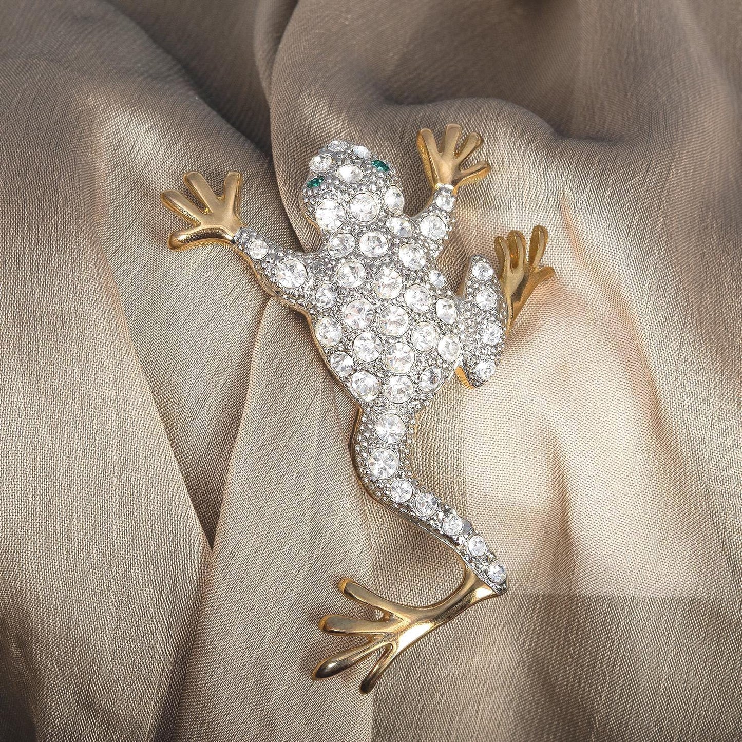 Vintage Women's Brooch Pin Frog Clear Crystals & Emerald Eyes Only One Available