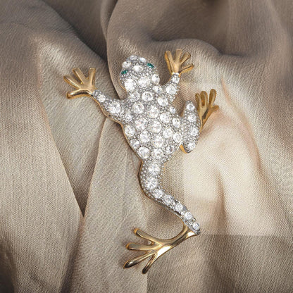 Vintage Women's Brooch Pin Frog Clear Crystals & Emerald Eyes Only One Available