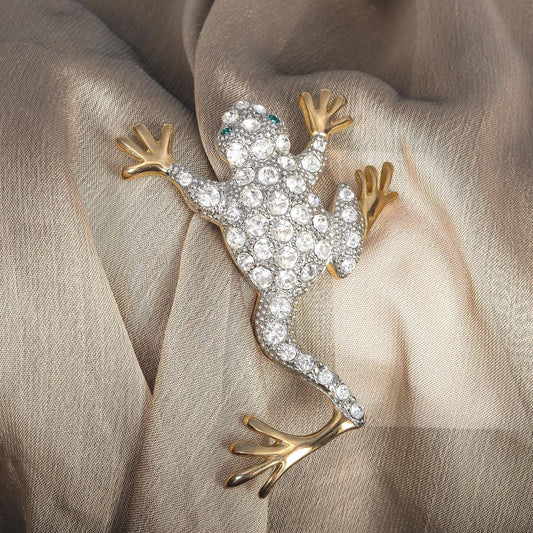 Vintage Women's Brooch Pin Frog Clear Crystals & Emerald Eyes Only One Available