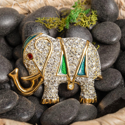Vintage Brooch Pin Elephant Clear Crystals & Ruby Eye Hand Painted Green Good Luck