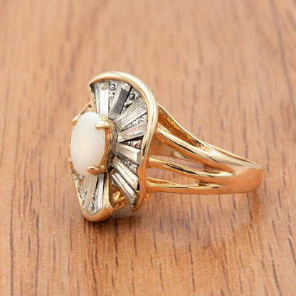 Vintage Ring Women's Genuine Opal Cocktail Ring with Baguette Clear Crystal Accents Made in the USA Gold Ring Statement Mothers Gift