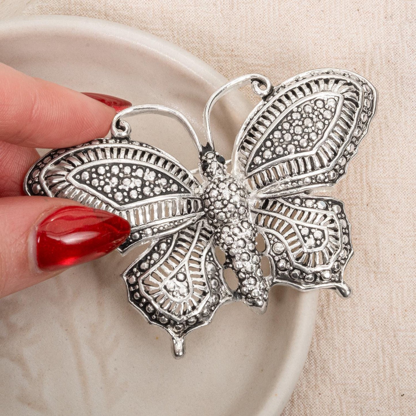 Women's Vintage Butterfly Brooch Pin Antique Style Silver Plated Black Crystal Eyes Made in USA Only One Available