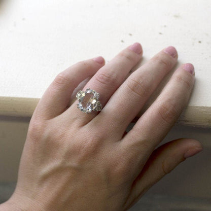 Vintage Clear Austrian Crystal Ring 18k Yellow Gold Electroplated Made in USA R1301