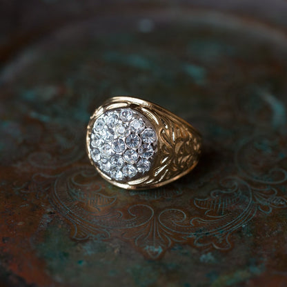 Vintage Men's 18K Yellow Gold Electroplated Ring Clear Austrian Crystals Unisex Made in USA
