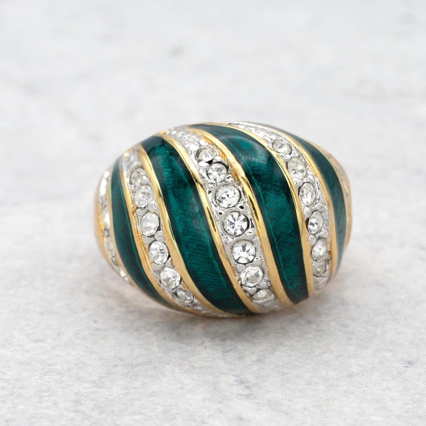 Vintage Hand Painted Emerald Green & Crystal Ring 18k Gold Electroplated Womens Dome Ring Statement Rings