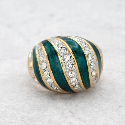 Vintage Hand Painted Emerald Green & Crystal Ring 18k Gold Electroplated Womens Dome Ring Statement Rings