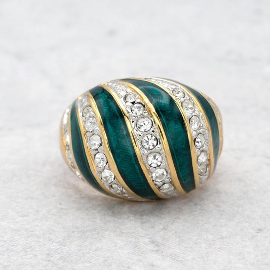 Vintage Hand Painted Emerald Green & Crystal Ring 18k Gold Electroplated Womens Dome Ring Statement Rings