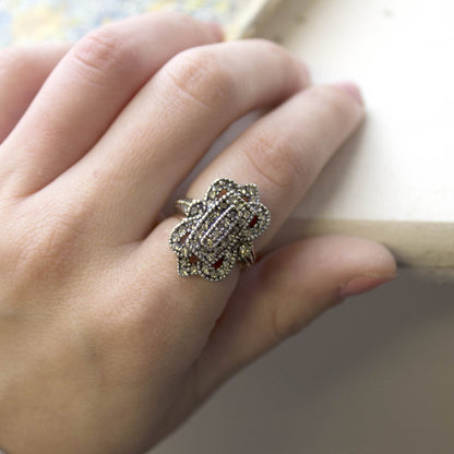 Vintage Crystal Cocktail Ring Antique 18k White Gold Electroplated Made in USA