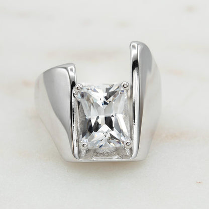 Vintage 18KT White Gold Electroplated Cubic Zirconia Ring 4 CT Solitaire Emerald Cut Women's Statement Ring
