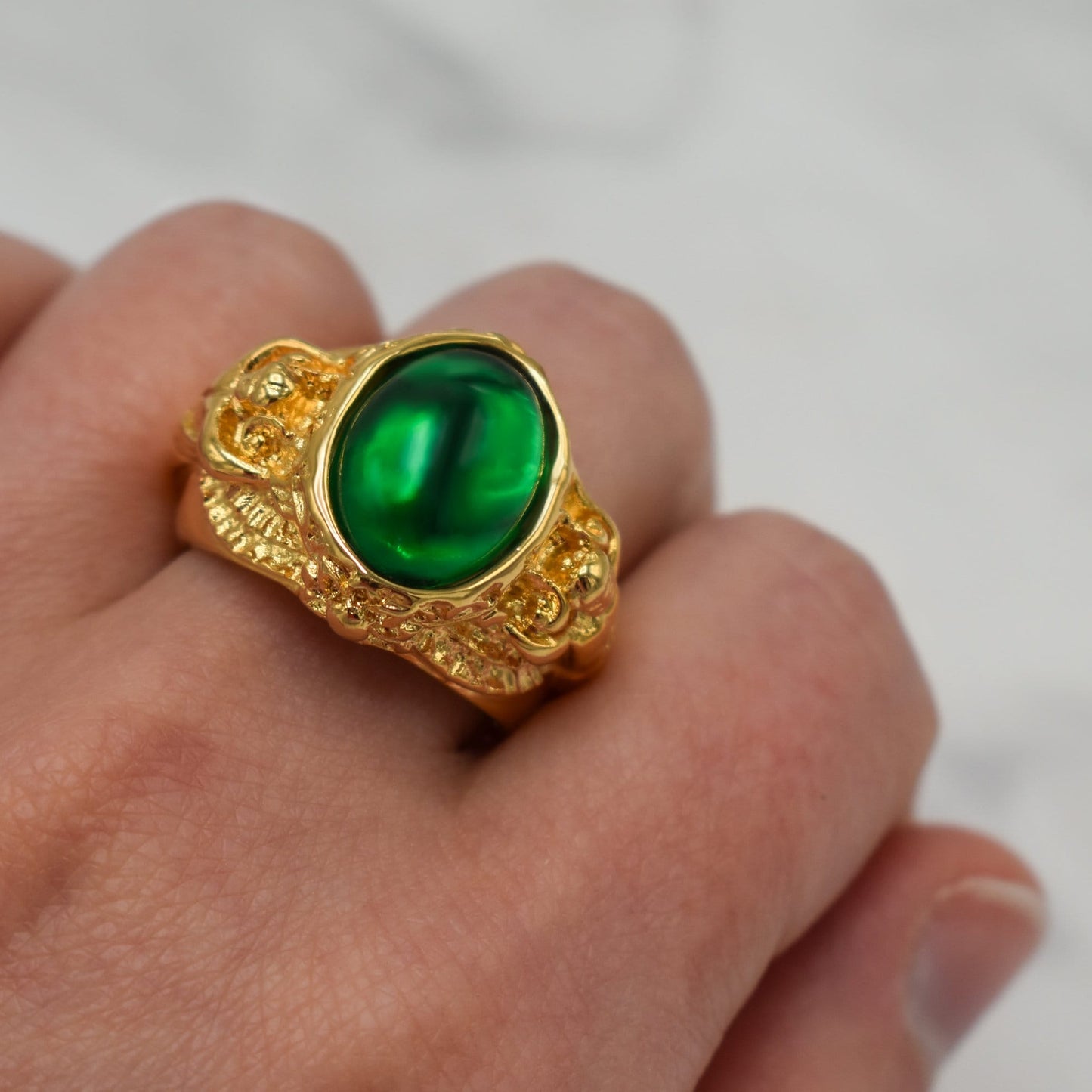 Vintage Antique Cabochon Emerald Crystal Ring 18k Gold Electroplated Womans Jewelry