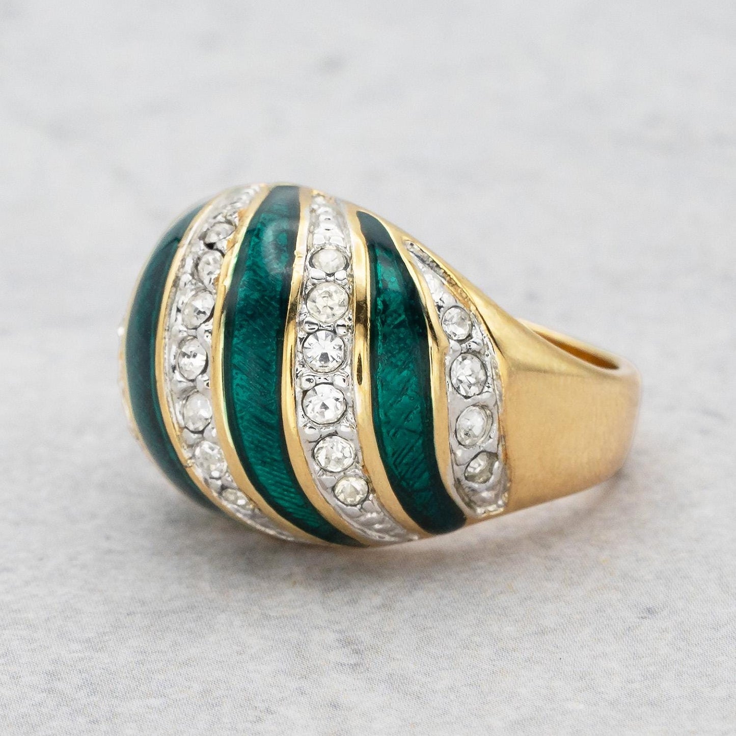 Vintage Hand Painted Emerald Green & Crystal Ring 18k Gold Electroplated Womens Dome Ring Statement Rings