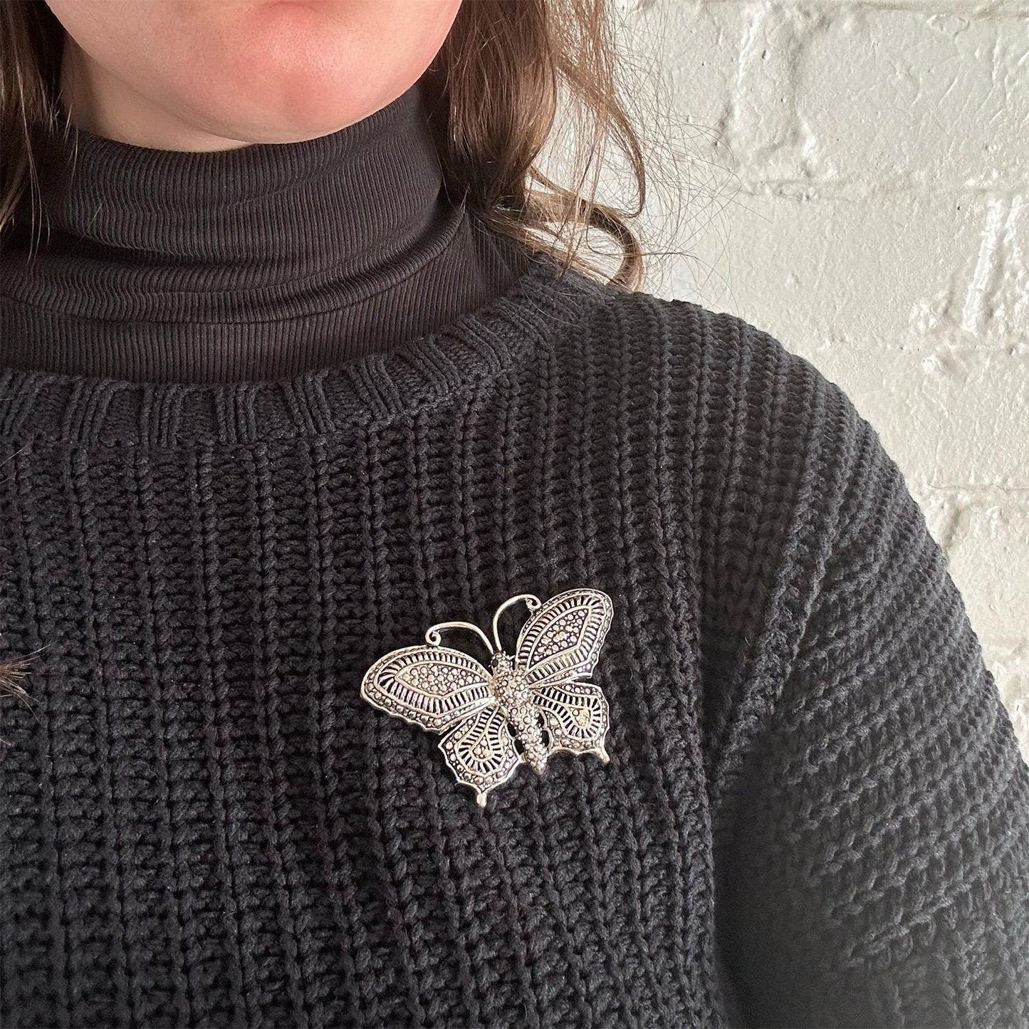 Women's Vintage Butterfly Brooch Pin Antique Style Silver Plated Black Crystal Eyes Made in USA Only One Available