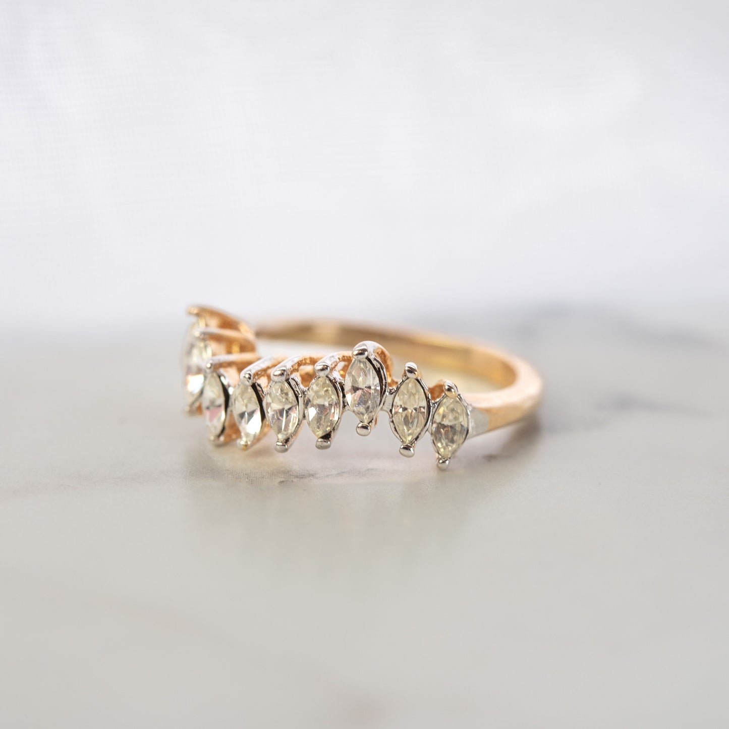 Womens Vintage 1980s Crystal Band Ring 18k Yellow Gold Electroplated Mid Century Layering Wedding Band Wave Ring Womans Rings Jewelry April