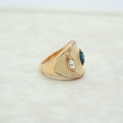 Vintage 1980s White Enamel set with Sapphire and Clear Crystals Band 18k Yellow Gold Electroplated