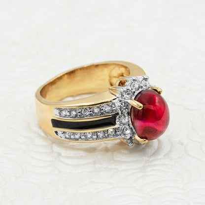 Vintage Ring 1980s Ruby Cabochon Crystal Stone Surrounded by Clear Crystals and Black Enamel Womens Antique Ring
