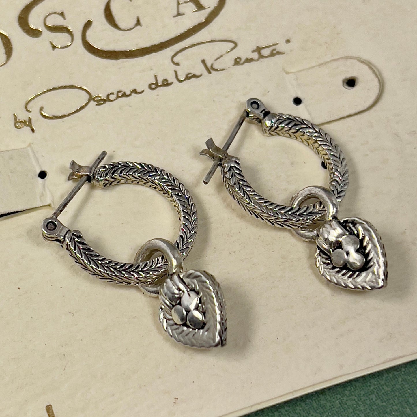 Vintage Oscar De La Renta Antiqued White Gold Plated Textured Hoops with Removable Dangling Heart Charms Earrings