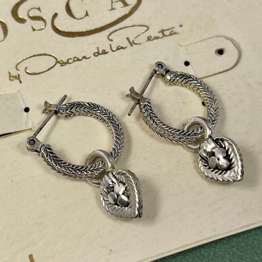 Vintage Oscar De La Renta Antiqued White Gold Plated Textured Hoops with Removable Dangling Heart Charms Earrings