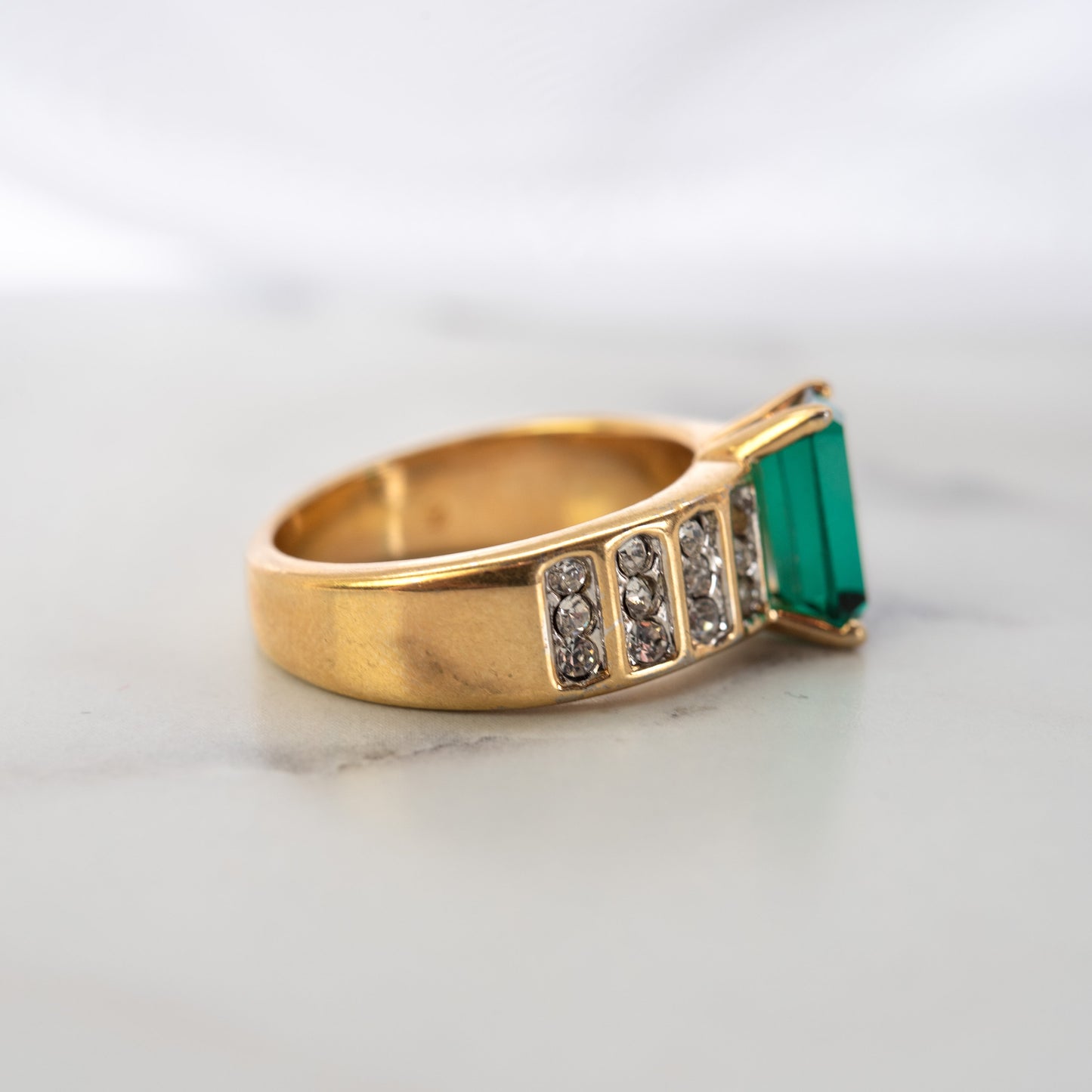 Women's Vintage Ring Emerald and Clear Crystals 18kt Gold Electroplate Women's Antique Ring May Birthstone