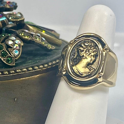 Vintage Womens Gold Cameo 18k Yellow Gold Electroplated Ring Hand Painted Epoxy Made in USA Victorian Rings Silhouette Cameo