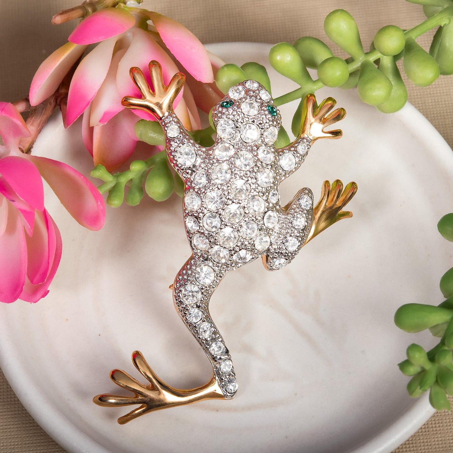 Vintage Women's Brooch Pin Frog Clear Crystals & Emerald Eyes Only One Available