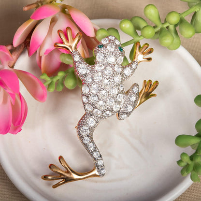 Vintage Women's Brooch Pin Frog Clear Crystals & Emerald Eyes Only One Available