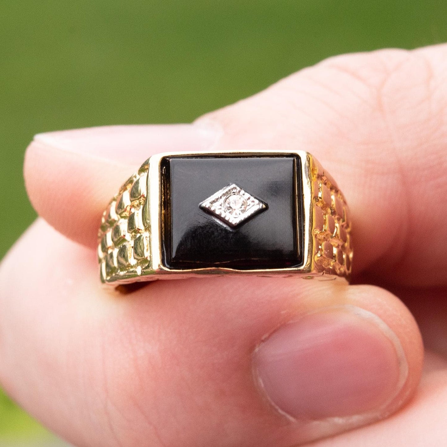 Vintage Ring 1980s Mens Onyx and Austrian Crystal 18kt Gold Plated Antique Ring #R6001 - Limited Stock - Never Worn