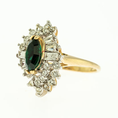 Women's Vintage 1970s Ring Emerald and Clear Austrian Crystals 18k Yellow Gold Electroplate Made in USA