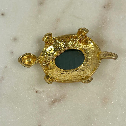 Hand Crafted Turtle Pin Genuine Gray Cat's Eye Surrounded by Clear Austrian Crystals and Emerald Crystal Eyes Antique Brooch for Women
