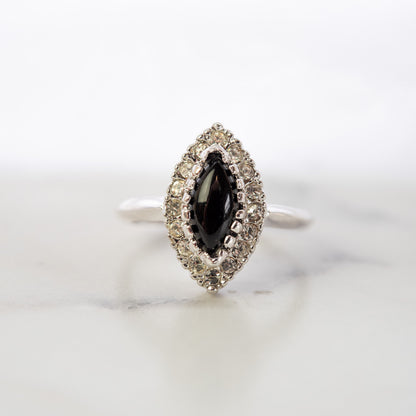 Vintage Womens Ring Genuine Onyx or Zircon Crystal Ring Clear 18k White Gold Electroplated