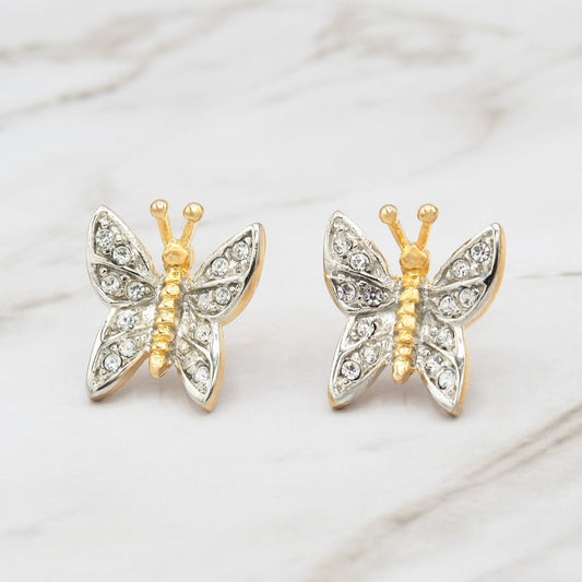 Vintage Austrian Crystal Butterfly Clip-On Earrings - Two-Tone Gold and Silver jewelry image 1