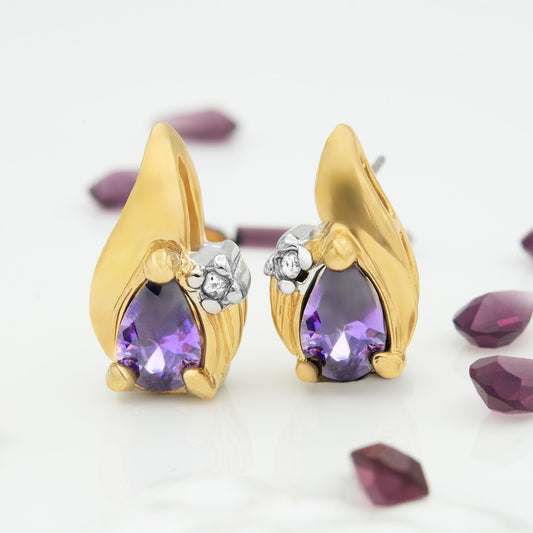 Vintage 18K Gold Electroplated Cubic Zirconia Amethyst Post Earrings jewelry image 1