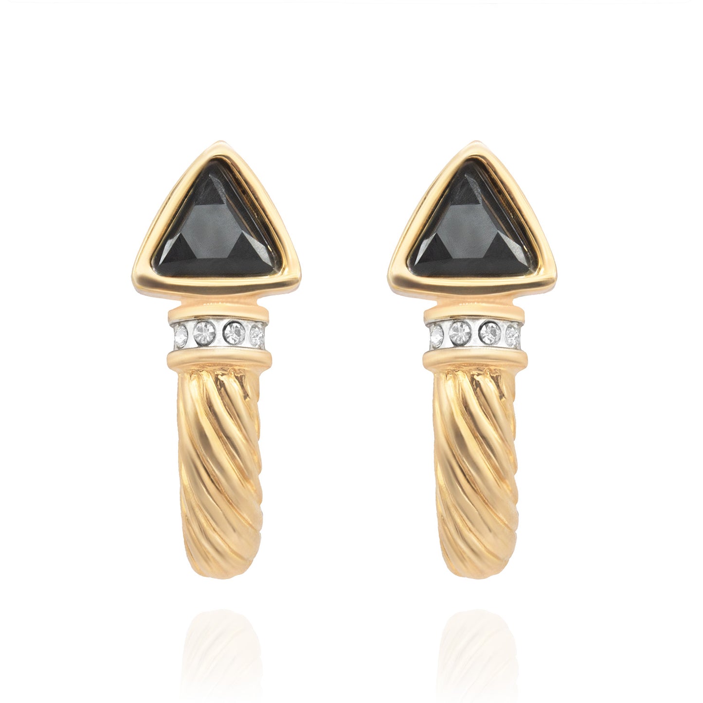 Vintage Austrian Crystal Black Trillion Post Earrings - 18k Gold Electroplated jewelry image 1