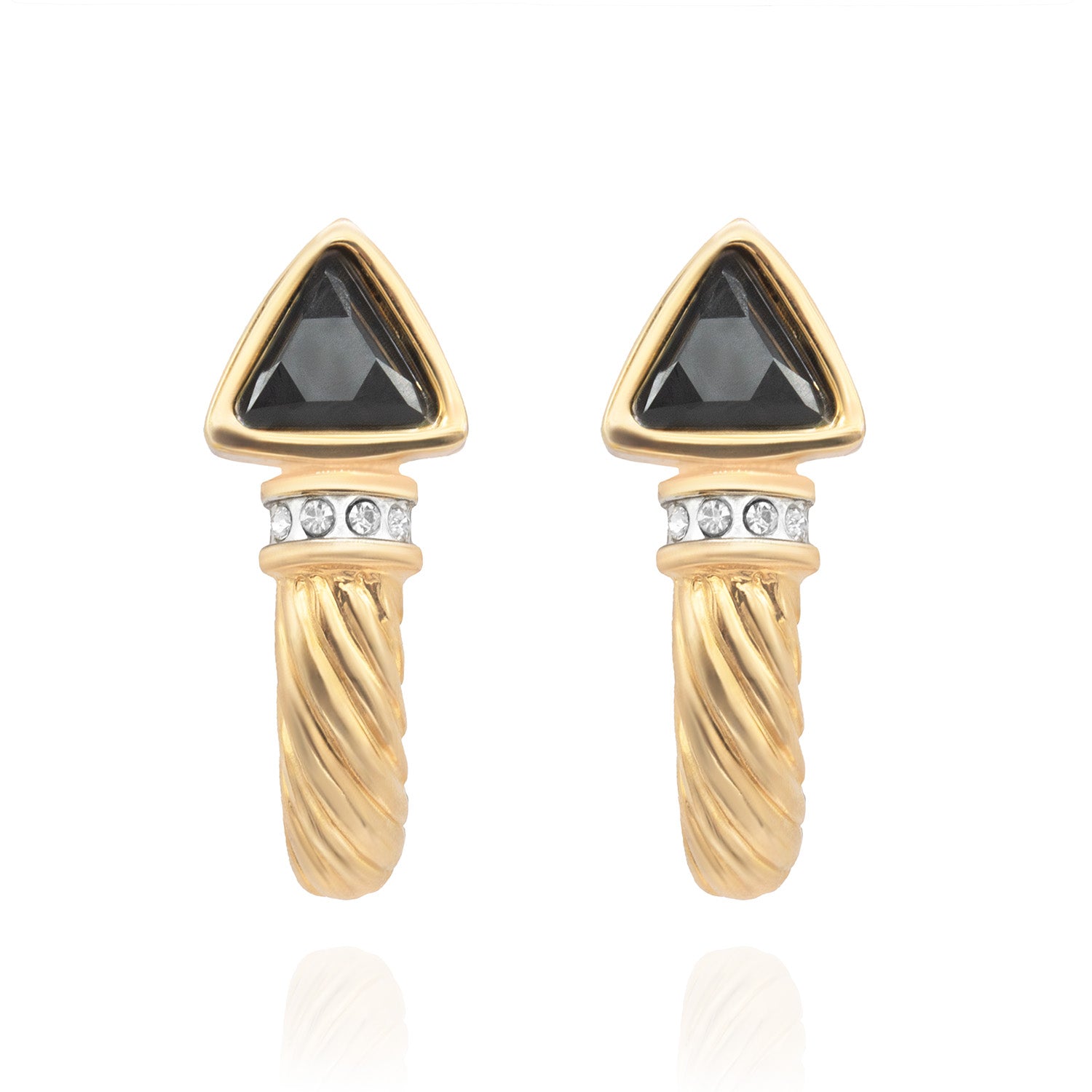 Vintage Austrian Crystal Black Trillion Post Earrings - 18k Gold Electroplated jewelry image 1