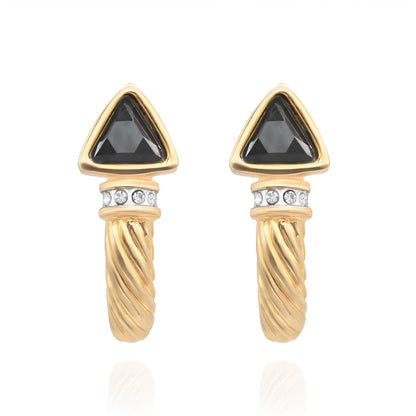 Vintage Austrian Crystal Black Trillion Post Earrings - 18k Gold Electroplated jewelry image 1