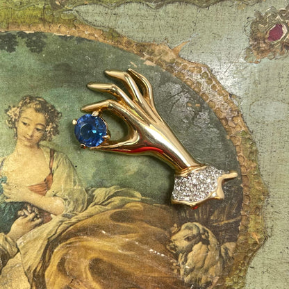 Vintage Victorian Lady's Hand Brooch with Blue Sapphire & Clear Cubic Zirconia - 18kt Gold Electroplated jewelry image 1