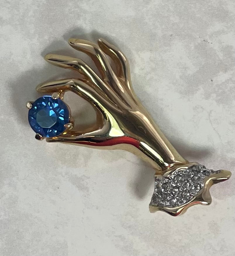 Vintage Victorian Lady's Hand Brooch with Blue Sapphire & Clear Cubic Zirconia - 18kt Gold Electroplated jewelry image 1