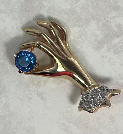 Vintage Victorian Lady's Hand Brooch with Blue Sapphire & Clear Cubic Zirconia - 18kt Gold Electroplated jewelry image 1