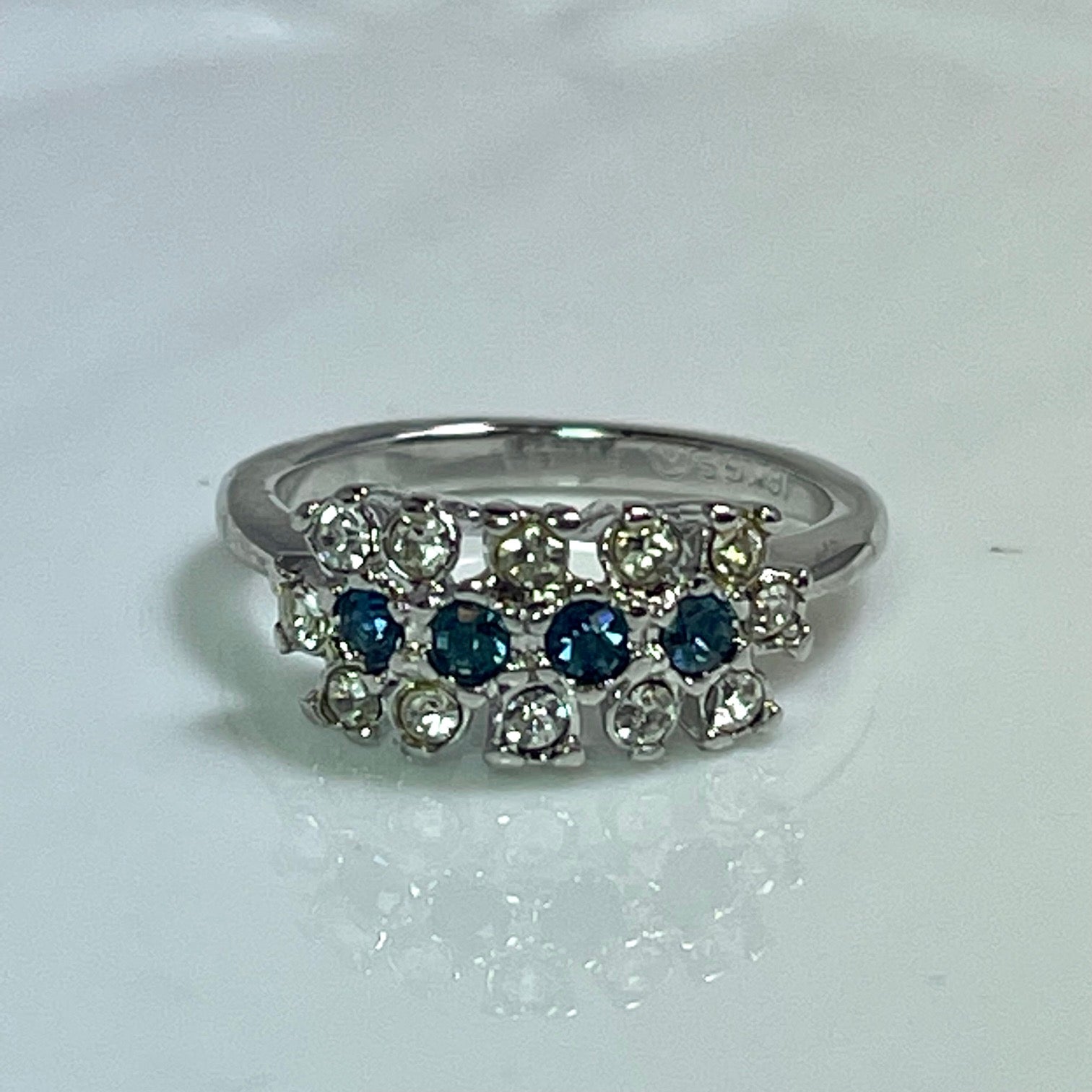 Vintage 1970s Sapphire and Clear Austrian Crystal Cluster Ring - 18k White Gold Plated jewelry image 1